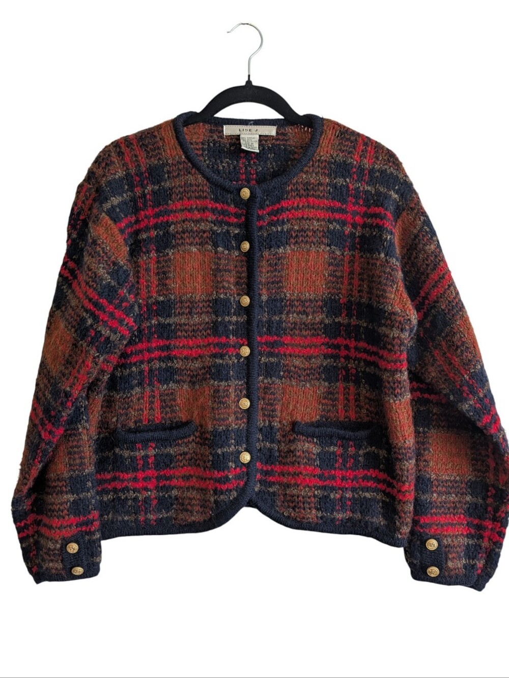 Lise J Wool Blend Plaid Sweater Cardigan Gold Button Northern Isles Blue Sz Med